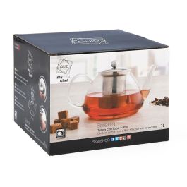 Quid Tetera de Vidrio Serenia con Filtro Inoxidable 1 L - Transparente, 3 Piezas, Ligera y Resistente, Apta Lavavajillas y Microondas