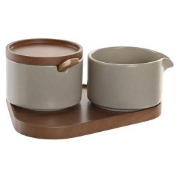 DKD Home Decor Azucarero Moderno Set de 2 con Lechera, Porcelana y Rubberwood, Apto Microondas Lavavajillas, Beige Marrón 18.5 x 7 x 19.5 cm
