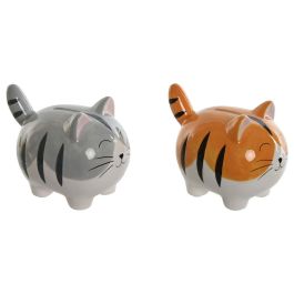 DKD Home Decor Hucha Infantil Gato de Dolomita Gris y Amarillo 11x13x16 cm Pack de 2 Unidades