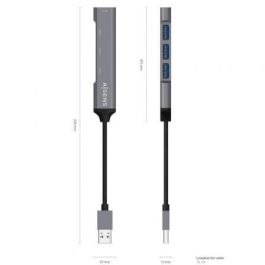 AISENS HUB USB 3.0 aluminio, tipo A/M-4xtipo A/H, gris, 10cm