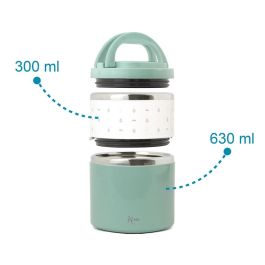 KioKids Termo 930 mL Acero Inoxidable Salvia para Sólidos y Papillas con 2 Compartimentos, Bebés +0 meses