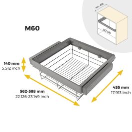 Emuca Kit de cajón de alambre y bastidor regulable Quartz para armarios, guías de cierre suave y extracción total, Módulo 60cm, Acabado Titanio