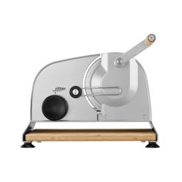 Ritter PIATTO-5 Cortafiambres Manual con Hoja Dentada de 17 cm y Tabla de Bambú FSC, Acabado Plateado Metálico