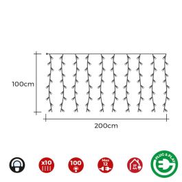 Edm Cortina LED Easy-Connect 2x1m, Blanco Frío, 8 Funciones, 10 Tiras, 100 LEDs, IP44 Interior/Exterior