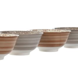DKD Home Decor Bol Shabby de Porcelana Beige Marrón, 15 cm Diámetro, 7 cm Alto, Set de 4 con Flores, Apto Microondas y Lavavajillas