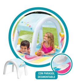 Intex Piscina Hinchable Infantil Unicornio con Ducha y Techo de PVC, 130 Litros, para Edades +2 Años, 254x132x109 cm