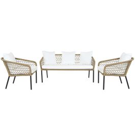 Conjunto de Mesa con 3 Sillones DKD Home Decor Blanco 137 x 73,5 x 66,5 cm ratán sintético Acero