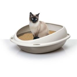 Aime Shuttle Caja de Arena Ovalada para Gatos con Borde Protector Extraíble, Entrada Baja - Topo y Beige - 57x40x19 cm