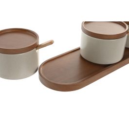 DKD Home Decor Azucarero Moderno Set de 3, Porcelana y Rubberwood, Beige Marrón, 10x7x29 cm, Apto Microondas y Lavavajillas