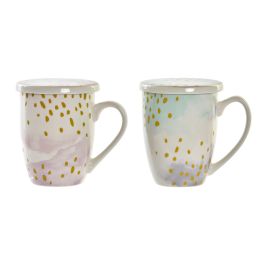 DKD Home Decor Mug para Infusiones Glam de Porcelana 380ml, Rosa y Verde Menta, Pack de 6 Unidades, Apto Microondas y Lavavajillas