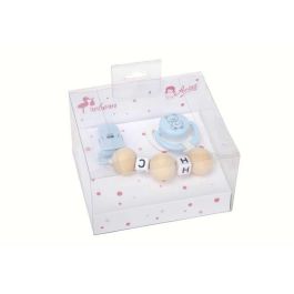 Muñecas Arias Set Chupete Azul/Blanco con Cadena de Bolas de Madera y Pinza Blanca
