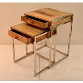 DKD Home Decor Mesita Auxiliar Loft Set de 2 Natural Plateado Mango y Acero 41 x 66.5 x 45.5 cm