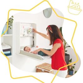 Badabulle Cambiador de Pared Plouf Plegable y Compacto con Cambiador Incluido, Apertura Una Mano y Estante Almacenamiento, 13cm Grosor