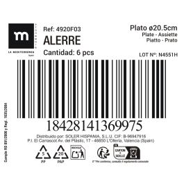 La Mediterranea Plato 20.5 cm "Alerre" Md, Plato de 20.3 cm de diametro por 2.2 cm de altura, Peso 12 kg por caja (486 g por plato) (24 Unidades)