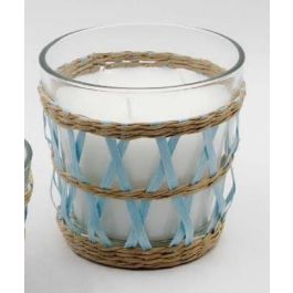 DKD Home Decor Vela Mediterraneo de Cera en Cristal, 540gr, Azul Celeste, Natural y Blanco, 48h, 13.5x13.5x12.5cm