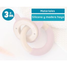 KioKids Mordedor Bebé Madera Haya y Silicona Rosa Conejo +3 Meses. Alivia Dentición y Masajea Encías. Colección Eco-friendly.
