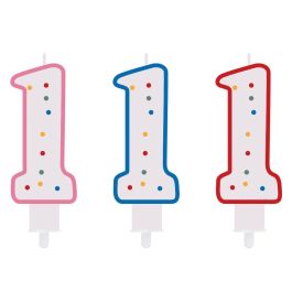 Party Time Vela Numeral Número 1 para Aniversario 14 cm Decorada con Círculos y Ribete, Pincho para Tarta, Colores Surtidos
