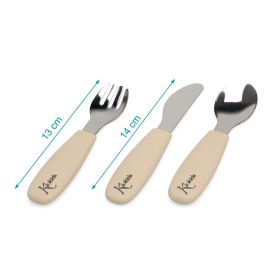 KioKids Set de Cubiertos Infantiles de Acero Inoxidable y Silicona, Color Beige. Antideslizantes, +6 Meses, Aptos Lavavajillas