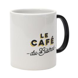 Home Deco Factory Mug Bistrot Le Café du Bistrot, Cerámica Blanca con Asa Negra, 300 ml