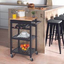 Home Deco Factory Mesa Camarera Con Ruedas Negra - Carrito de almacenamiento móvil con botellero, cajón y dos baldas, 40x62,5 cm; h.85,5 cm