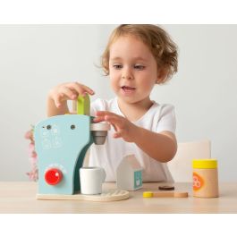 KioKids Cafetera de Juguete de Madera Azul para Niños +3 Años - Juego de Imitación con Leche, Taza y Cápsulas