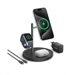 Anker MagGo Soporte de Carga Magnético 3 en 1 para iPhone, Apple Watch y AirPods, Inalámbrico, Carga Rápida 15W, Negro