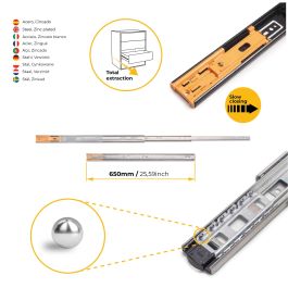 Emuca Juego de guías de bolas para cajones con extracción total y cierre suave, altura 45mm, logitud 650mm, Acero, Cincado
