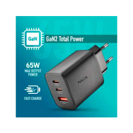 NGS Cargador Pared GaN ERA 65W BLACK 2xUSB Tipo-C, 1xUSB-A Carga Rápida Ultrarrápida 65W