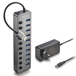NGS IHUB10 Hub USB de 10 Puertos USB 3.0, 10xUSB 3.0, 5Gbps, Compatible PC/MAC, Gris
