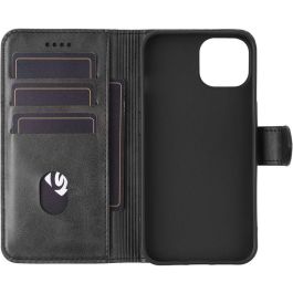 eSTUFF Funda Piel PU Billetera para iPhone 16e/14 WALES - Negra con 3 Tarjetas y Soporte