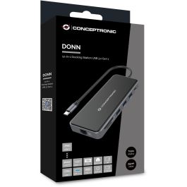 Conceptronic DONN15G Estación de Acoplamiento 12 en 1 USB Tipo C con HDMI/VGA/USB-C PD/USB 3.0/GbE/AUX