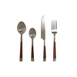 DKD Home Decor Cubertería Básicos Acero Inoxidable y Madera Acacia Natural Plateado - Set de 16 Piezas