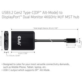 Club3D MST-Hub USB 3.2 Typ C > 2x DP 4K60Hz St/Bu Multi-Stream Transport Hub, USB-C a 2 DisplayPort 4K 60Hz
