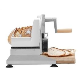 Ritter PIATTO-5 Cortafiambres Manual con Hoja Dentada de 17 cm y Tabla de Bambú FSC, Acabado Plateado Metálico