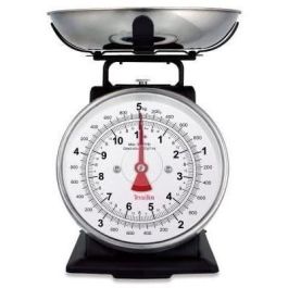 Terraillon 14477 Báscula mecánica Retro Deco para cocina, 5 kg con bol de acero inoxidable 1L, dial grande y estructura metálica negra.