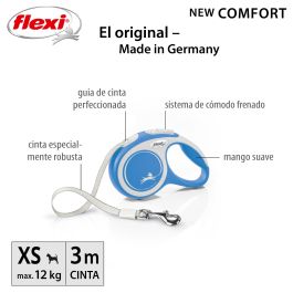 Flexi New Comfort Correa Retráctil de Cinta para Perros Pequeños XS 3M Azul, Paseo Seguro y Control Total