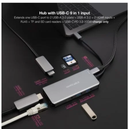 Nano Cable 10.16.1009 Docking Station USB-C 9 en 1 con 3xUSB, 2xHDMI 4K, 1xRJ45, Lector Tarjetas SD/TF, USB-C PD 100W - Gris