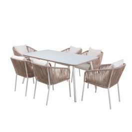 DKD Home Decor Mesa Comedor Terraza Jardín Beige Blanco 160x90x75cm Aluminio Poliéster Cuerda Cristal Set 7 Piezas