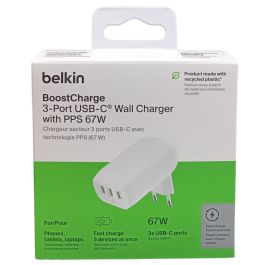 Belkin Cargador WCC002VFWH 67W 3X USB-C Blanco para Carga Rápida y Múltiples Dispositivos