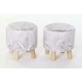 DKD Home Decor Reposapies Tropical de PU y Pino, Colección Bestone, Gris 30x30x30 cm, Altura Asiento 32cm (Set de 2)