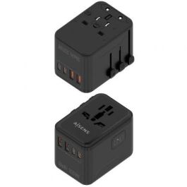 AISENS - ADAPTADOR ENCHUFE UNIVERSAL PARA VIAJE EU/USA/UK/AU CON CARGADOR USB GaN, 2xUSB-A QC3.0, 2xUSB-C PD3.0 25W, NEGRO