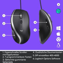 Logitech M500s Ratón con Cable Avanzado USB-A Negro, Desplazamiento Hiperrápido, DPI Ajustable 400-4000, 7 Botones Personalizables