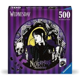 Ravensburger 17573 Puzzle Redondo Miércoles Addams 500 Piezas, Diámetro 52 cm, Con Cartel, Edad +10 Años