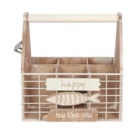 DKD Home Decor Botellero Mediterráneo de Madera y Metal, Marrón Blanco, 26x15x27 cm, Colección Pollença con Detalle Peces (Pack de 4 Unidades)