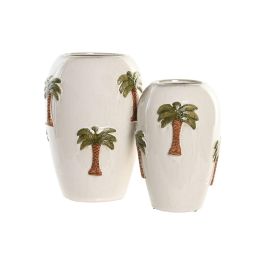 DKD Home Decor Jarrón Tropical de Cerámica Blanco Marrón con Palmeras 16 x 24 x 16 cm (4 Unidades)
