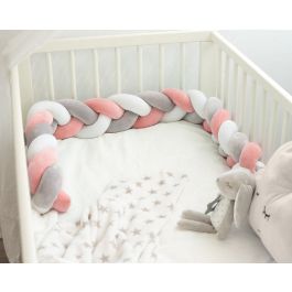 KioKids Trenza Protectora Cuna y Cama Chichonera Acolchada Bebé Rosa y Gris 1,50M