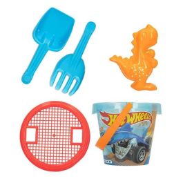 Cubo playa hot wheels 14 cm con pala,rastrillo,cedazo y 1 molde en red - modelos surtidos