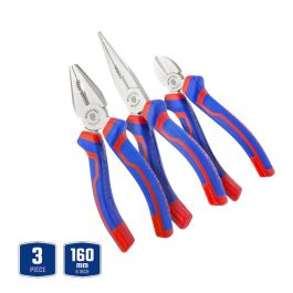 Workpro Juego de 3 Alicates 160mm - Punta, Corte Diagonal y Universal, Acero Cromo-Vanadio, Mango Bimaterial, Anticorrosivo, Rojo y Azul