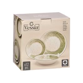 Vessia Vajilla 12 Piezas Patinada Verde, Cerámica, Plato Grande 27x27x3 cm y Plato Hondo 20x20x4.5 cm, Dimensiones 27x15x27 cm (Set de 2)