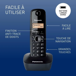 Panasonic KX-TG1611FRH Teléfono Inalámbrico Residencial Digital Negro, Sin Contestador Automático, Pantalla Retroiluminada, Directorio 50 Nombres, 15h Conversación